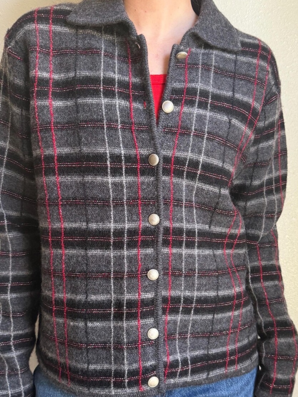 Karen Scott Gray Plaid Button-Front Knit Jacket 100% Wool